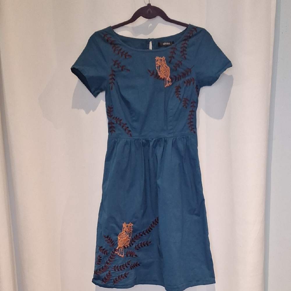 eShakti Blue Dress with Embroidered Owls Size S-4